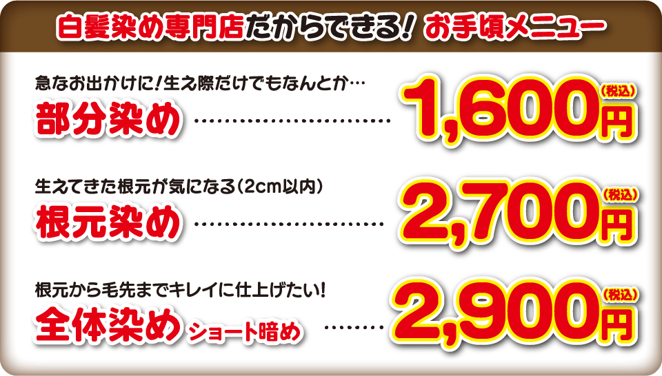 白髪染め専門店グレーカラーバリューの毛染めメニュー